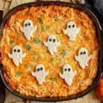 Halloween Buffalo Chicken Dip topped with ghost-shaped tortillas, melted cheese, and fresh herbs in a black baking dish