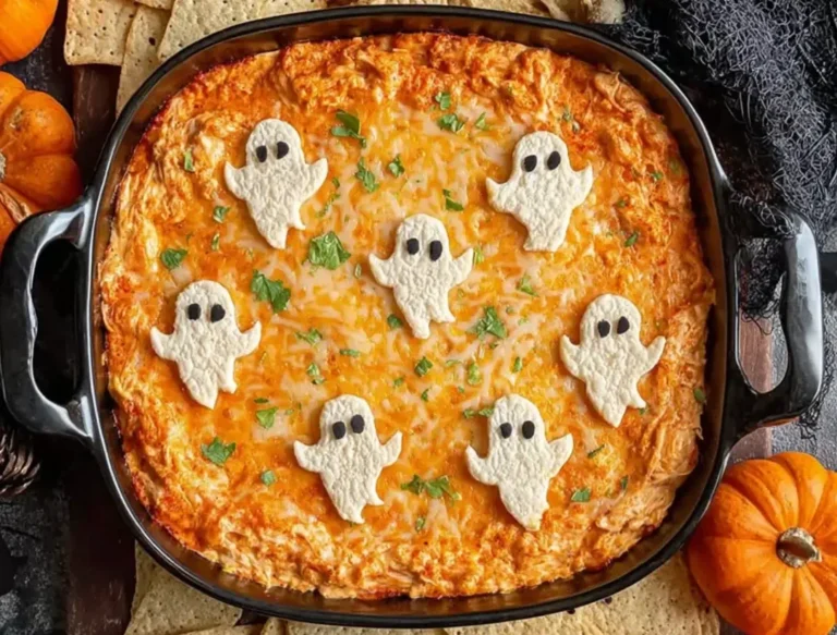 Halloween Buffalo Chicken Dip topped with ghost-shaped tortillas, melted cheese, and fresh herbs in a black baking dish