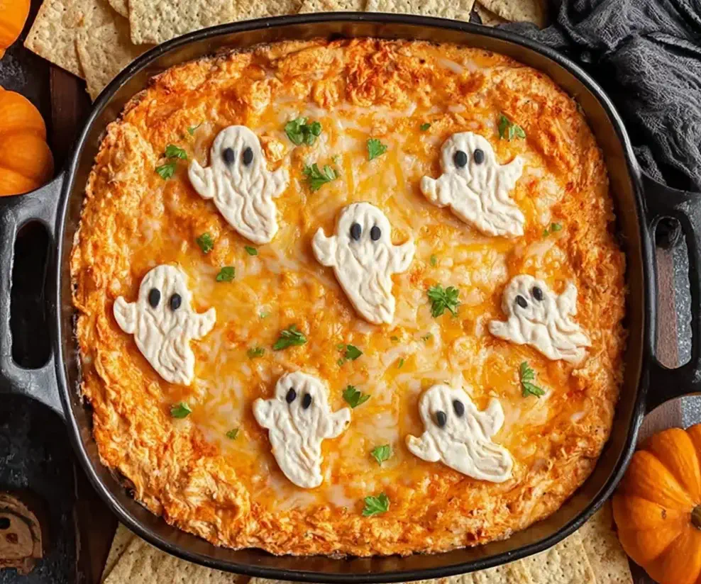 Halloween Buffalo Chicken Dip with melted cheese and ghost-shaped tortilla toppers in a black baking dish