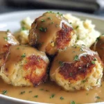 Turkey stuffing balls topped with rich brown gravy and fresh parsley, served on a white plate with mashed potatoes.