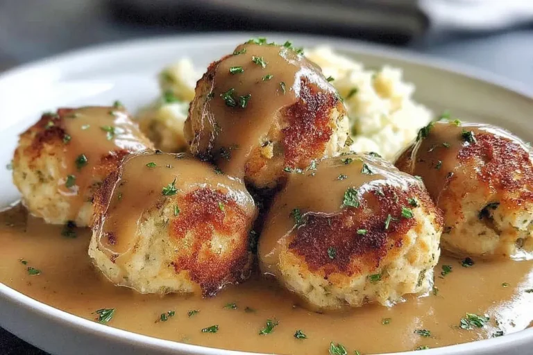Turkey stuffing balls topped with rich brown gravy and fresh parsley, served on a white plate with mashed potatoes.