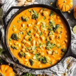 Creamy Thai Pumpkin Curry Chicken with broccoli and chicken simmering in coconut milk and pumpkin sauce in a black skillet.