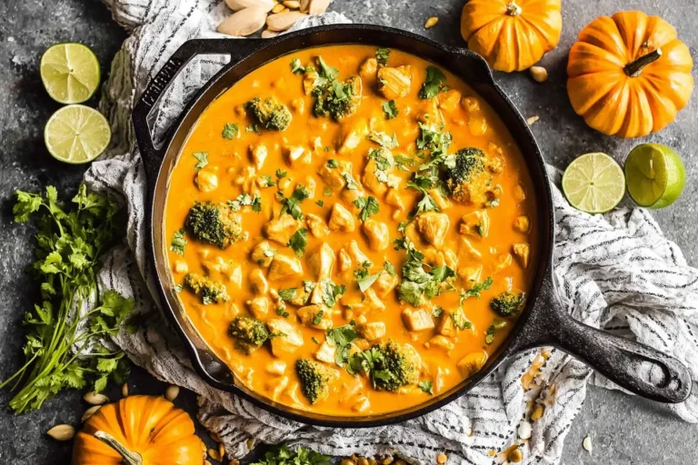 Creamy Thai Pumpkin Curry Chicken with broccoli and chicken simmering in coconut milk and pumpkin sauce in a black skillet.