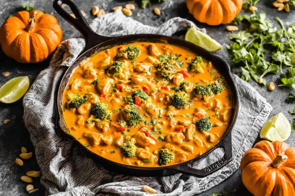Thai Pumpkin Curry Chicken simmering in a skillet with broccoli, red peppers, and creamy coconut pumpkin sauce, surrounded by pumpkins and fresh lime.