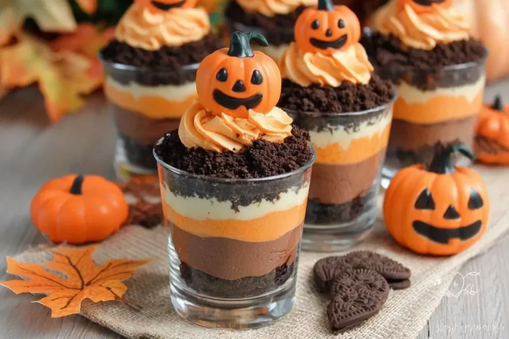 Layered Pumpkin Patch Dirt Cups with chocolate and pumpkin pudding, Oreo crumbs, and whipped topping, decorated with smiling candy pumpkins.
