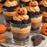 Layered Pumpkin Patch Dirt Cups with chocolate and pumpkin pudding, Oreo crumbs, and whipped topping, decorated with smiling candy pumpkins.