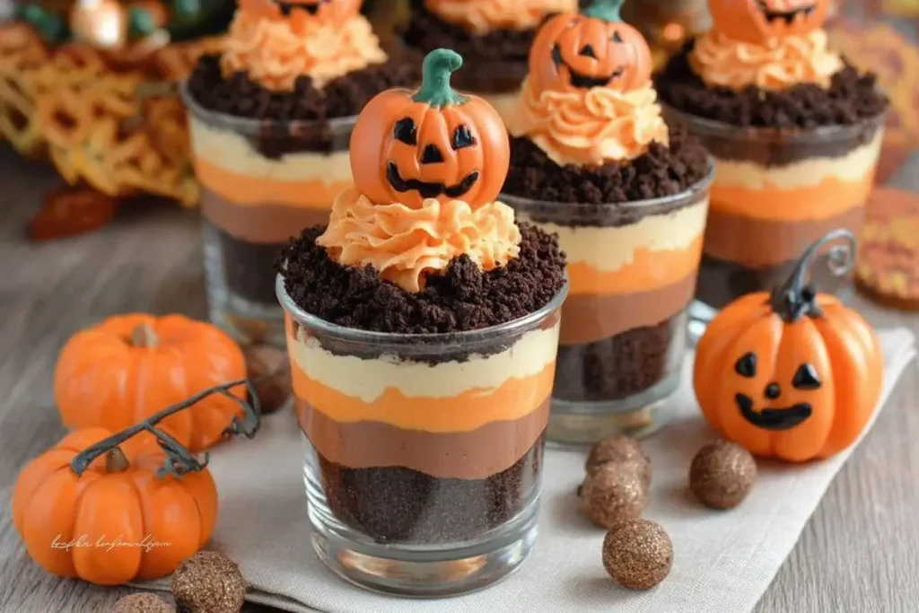 Festive Pumpkin Patch Dirt Cups with creamy pudding layers, crushed Oreos, and whipped topping, decorated with candy pumpkins for a fun Halloween dessert.