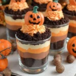 Festive Pumpkin Patch Dirt Cups with creamy pudding layers, crushed Oreos, and whipped topping, decorated with candy pumpkins for a fun Halloween dessert.