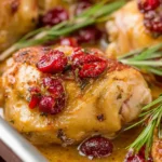 Juicy One Pan Cranberry Rosemary Chicken baked with fresh cranberries, rosemary sprigs, and a golden sweet-savory glaze.