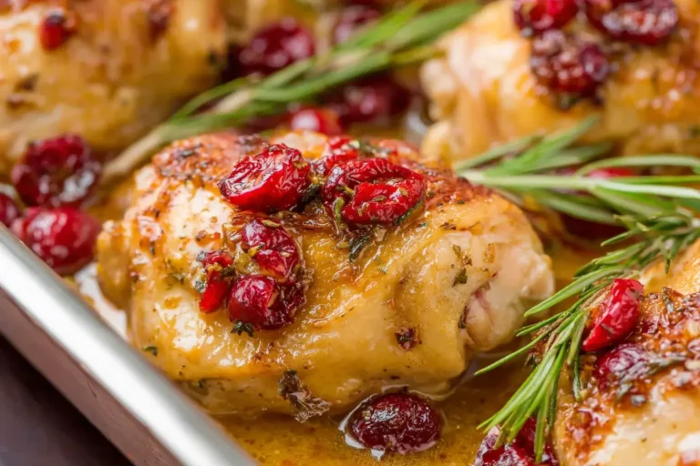 Juicy One Pan Cranberry Rosemary Chicken baked with fresh cranberries, rosemary sprigs, and a golden sweet-savory glaze.