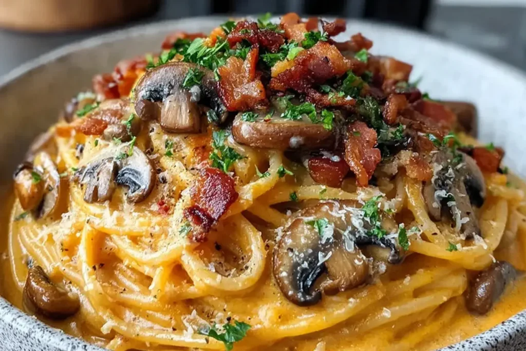 Pumpkin and Mushroom Spaghetti topped with crispy bacon, Parmesan, and fresh parsley in a creamy pumpkin sauce