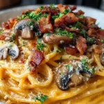 Pumpkin and Mushroom Spaghetti topped with crispy bacon, Parmesan, and fresh parsley in a creamy pumpkin sauce