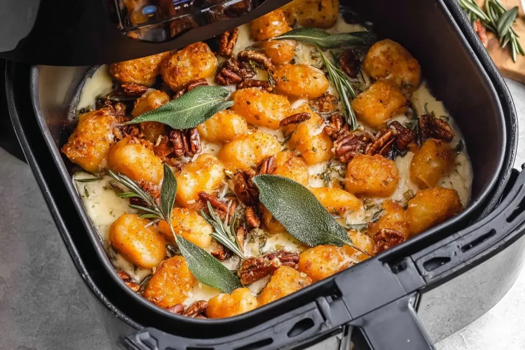 Pumpkin Gnocchi Bake cooking in an air fryer with crispy sage, melted cheese, and toasted pecans