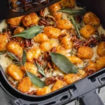 Pumpkin Gnocchi Bake cooking in an air fryer with crispy sage, melted cheese, and toasted pecans