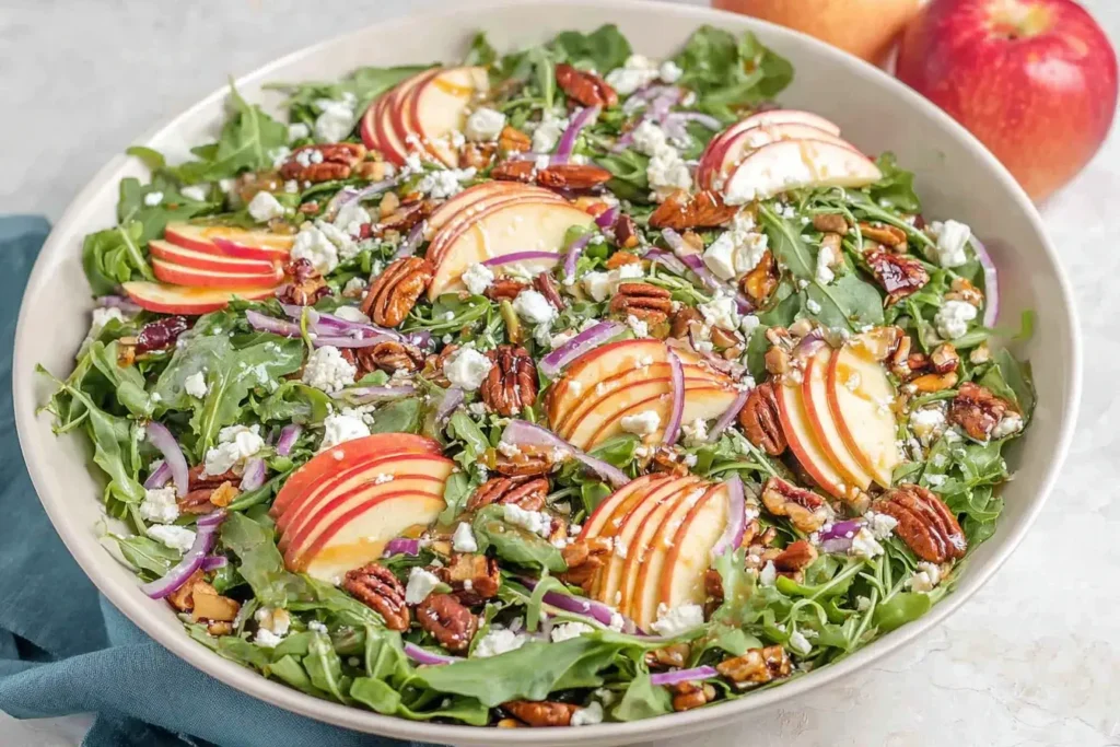 Apple Arugula Salad with crisp apple slices, goat cheese crumbles, red onions, and maple-roasted pecans drizzled with balsamic dressing.