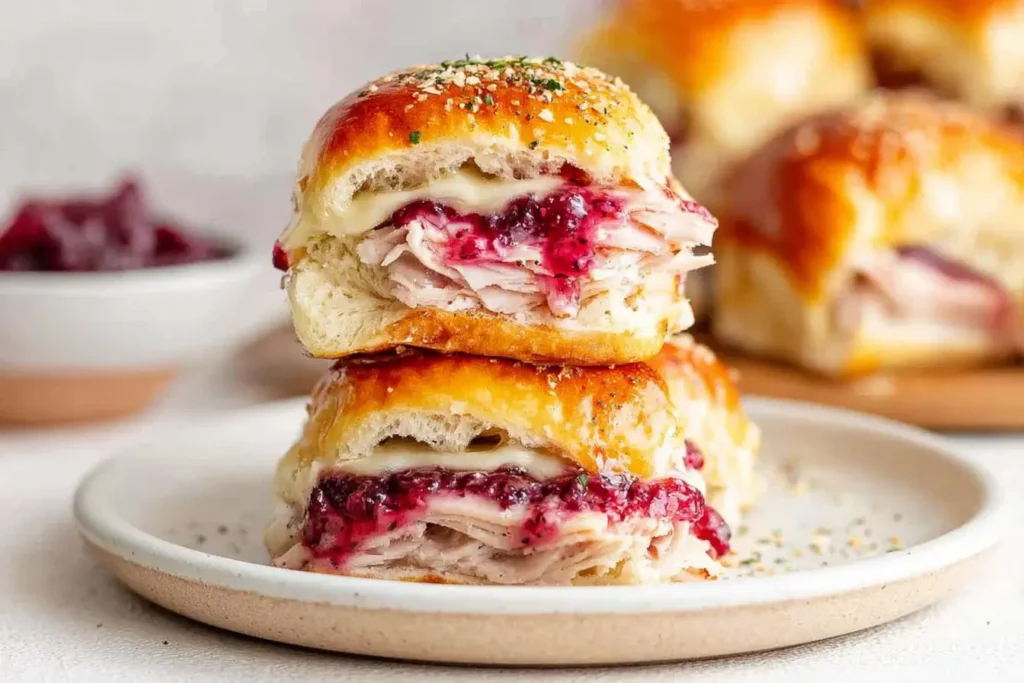 Havarti Cranberry Turkey Sliders stacked on a plate with melted cheese, tender turkey, and sweet cranberry sauce on golden Hawaiian rolls.