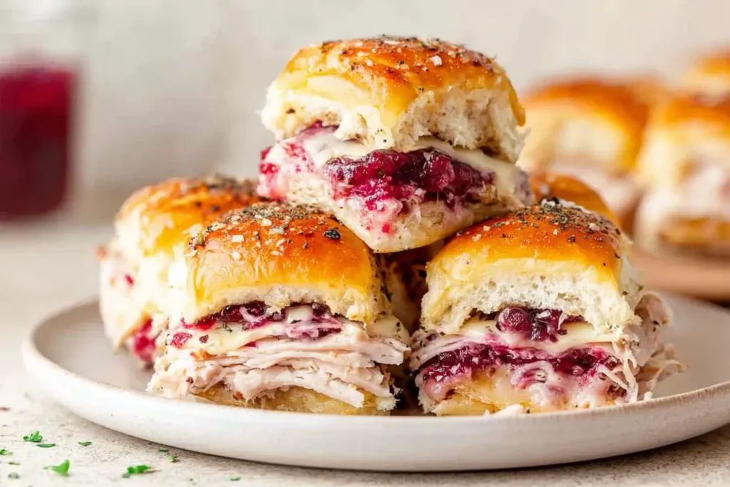 Havarti Cranberry Turkey Sliders stacked on a plate, layered with sliced turkey, melted Havarti cheese, and cranberry sauce on golden baked rolls.