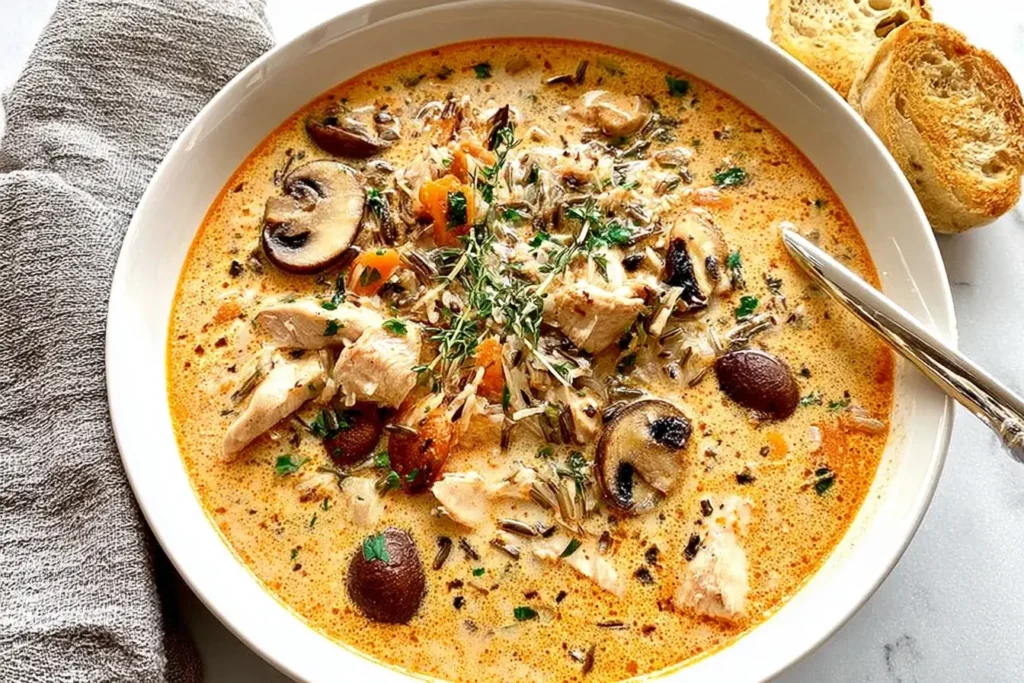 Creamy chicken wild rice soup in a white bowl with mushrooms, carrots, and herbs, served with crusty bread.