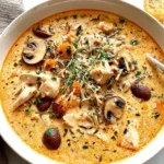 Creamy chicken wild rice soup in a white bowl with mushrooms, carrots, and herbs, served with crusty bread.
