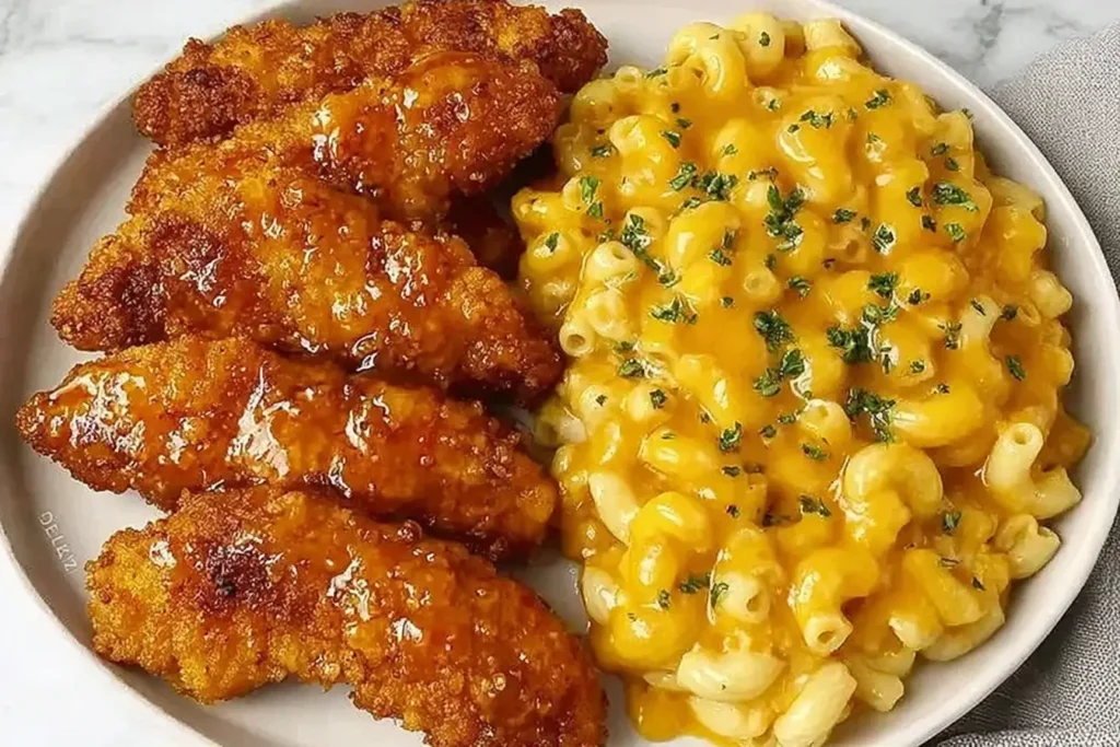 Hot Honey Chicken Tenders with Baked Mac and Cheese served on a plate with crispy golden tenders drizzled in spicy honey glaze and creamy baked macaroni.