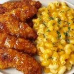 Hot Honey Chicken Tenders with Baked Mac and Cheese served on a plate with crispy golden tenders drizzled in spicy honey glaze and creamy baked macaroni.