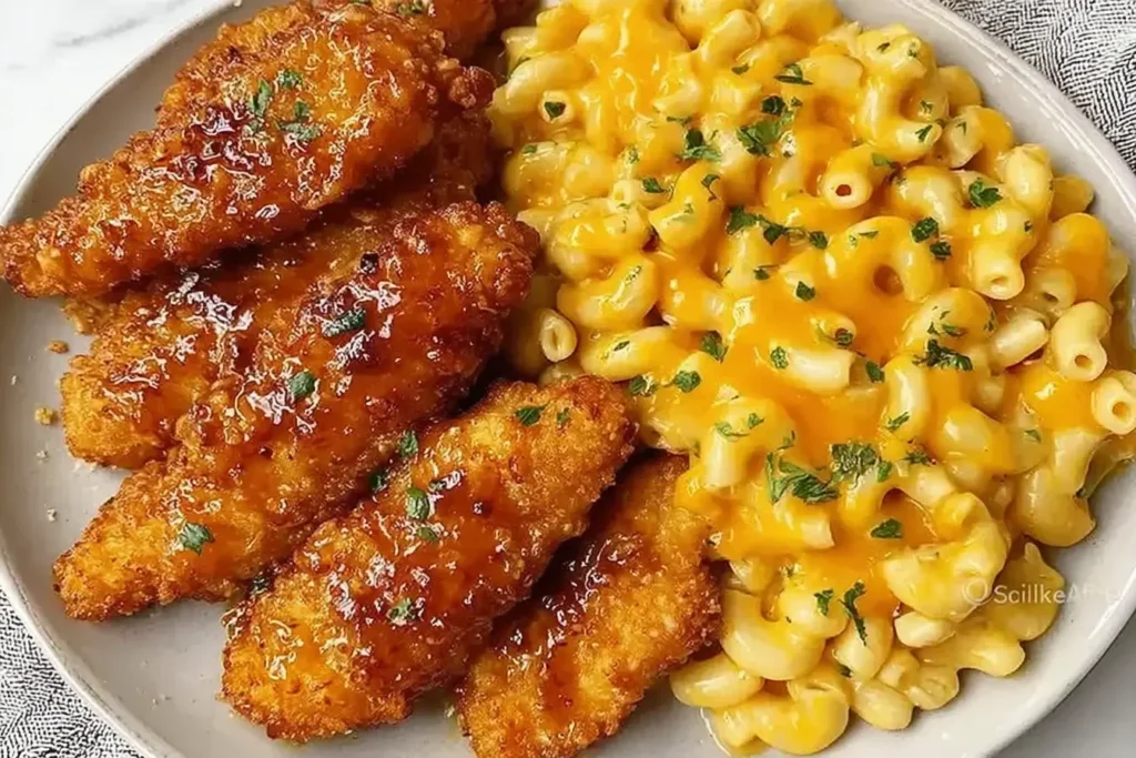 Hot Honey Chicken Tenders with Baked Mac and Cheese featuring crispy golden chicken coated in sweet-spicy honey glaze served alongside creamy cheddar macaroni.