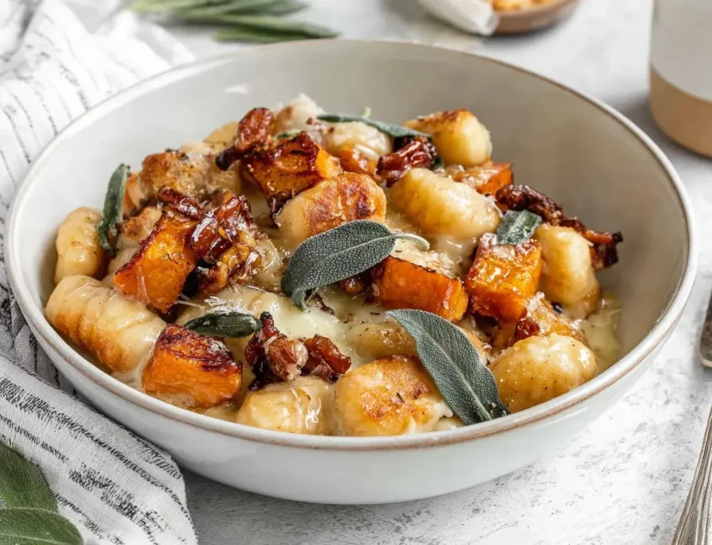 Creamy Pumpkin Gnocchi Bake topped with roasted pumpkin, crispy sage, and pecans in a white bowl