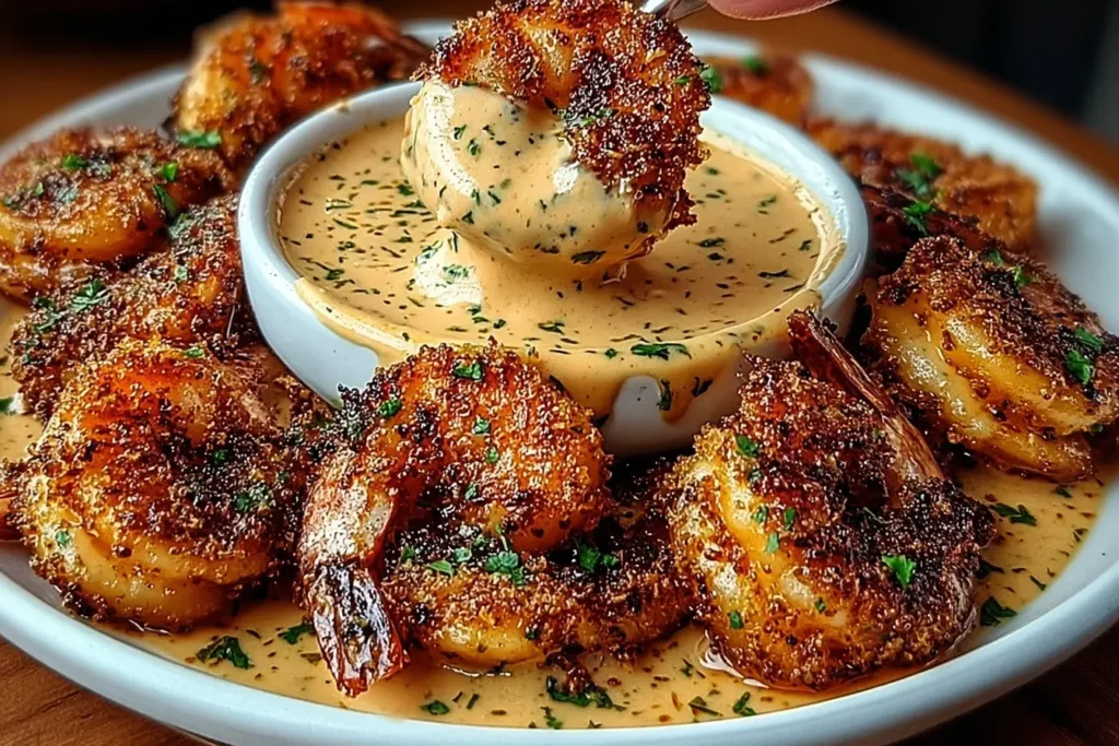 Close-up of golden, crispy Coconut Shrimp with Sweet Chili Mayo being dipped into creamy sauce, topped with fresh herbs.