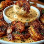 Close-up of golden, crispy Coconut Shrimp with Sweet Chili Mayo being dipped into creamy sauce, topped with fresh herbs.