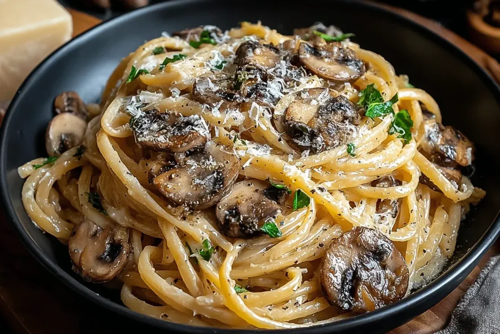 Caramelized Leek and Mushroom Gruyere Pasta served with creamy sauce, sautéed mushrooms, and fresh parsley in a black bowl.