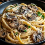 Caramelized Leek and Mushroom Gruyere Pasta served with creamy sauce, sautéed mushrooms, and fresh parsley in a black bowl.