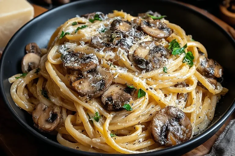 Caramelized Leek and Mushroom Gruyere Pasta served with creamy sauce, sautéed mushrooms, and fresh parsley in a black bowl.