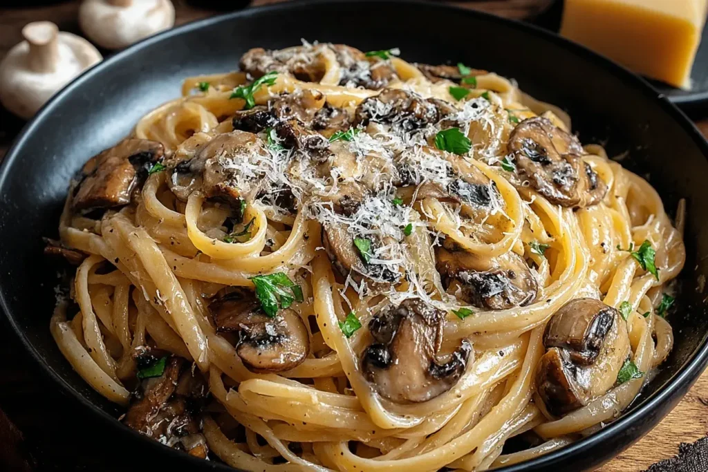 Caramelized Leek and Mushroom Gruyere Pasta topped with Parmesan, fresh parsley, and sautéed mushrooms in a black bowl.