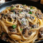 Caramelized Leek and Mushroom Gruyere Pasta topped with Parmesan, fresh parsley, and sautéed mushrooms in a black bowl.