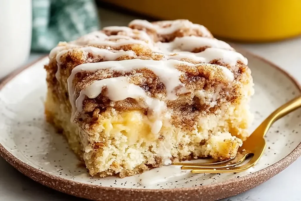 A slice of Crockpot Gooey Cinnamon Roll Dump Cake topped with vanilla glaze, showing its soft, buttery layers and cinnamon swirls on a dessert plate.