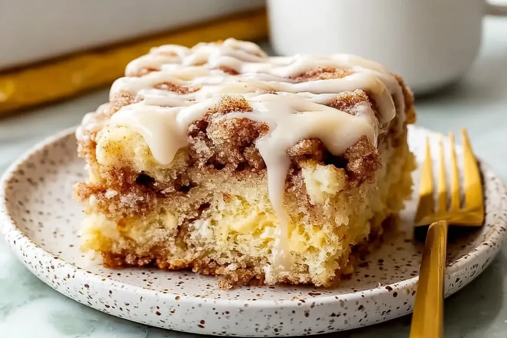 Close-up of a moist slice of Crockpot Gooey Cinnamon Roll Dump Cake topped with creamy vanilla icing, served on a speckled plate with a gold fork.