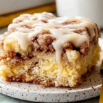 Close-up of a moist slice of Crockpot Gooey Cinnamon Roll Dump Cake topped with creamy vanilla icing, served on a speckled plate with a gold fork.