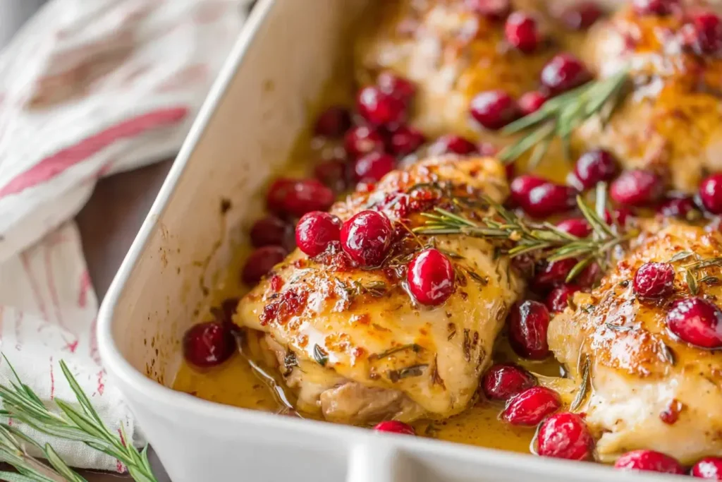 Baked One Pan Cranberry Rosemary Chicken with golden brown chicken thighs, juicy cranberries, and fresh rosemary in a rich, flavorful glaze.