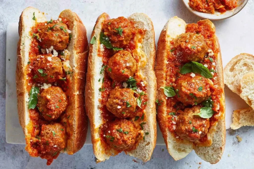 Slow Cooker Chicken Parm Meatballs Sandwiches served in toasted hoagie rolls with marinara and fresh herbs