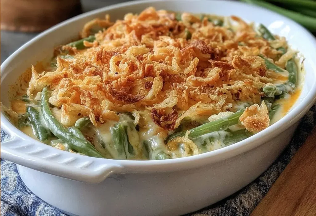 Traditional Southern Green Bean Casserole topped with crispy fried onions in a white baking dish