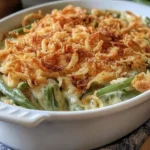 Traditional Southern Green Bean Casserole topped with crispy fried onions in a white baking dish
