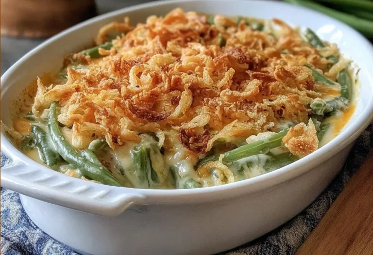 Traditional Southern Green Bean Casserole topped with crispy fried onions in a white baking dish