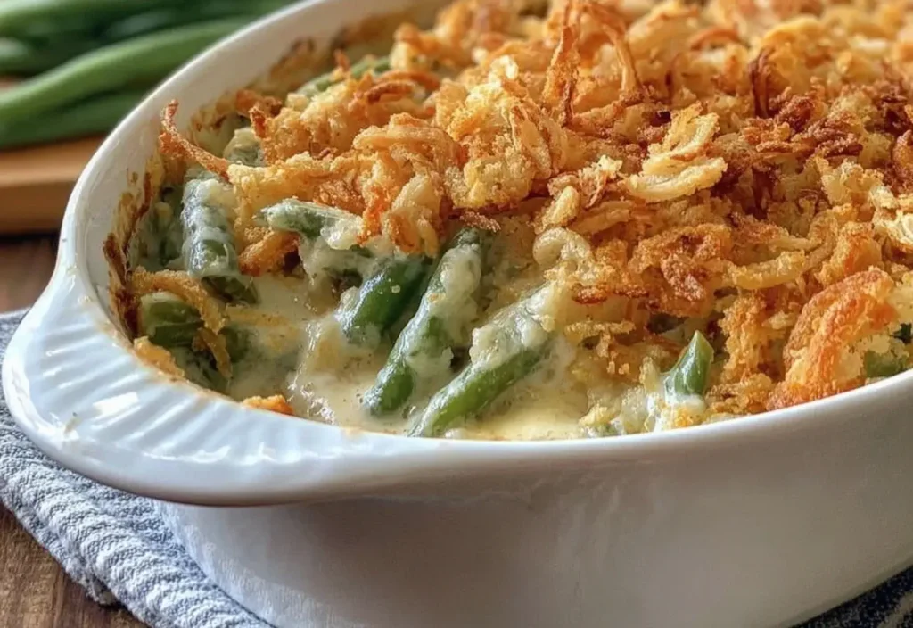 Traditional Southern Green Bean Casserole with creamy sauce and crispy fried onions in a white baking dish