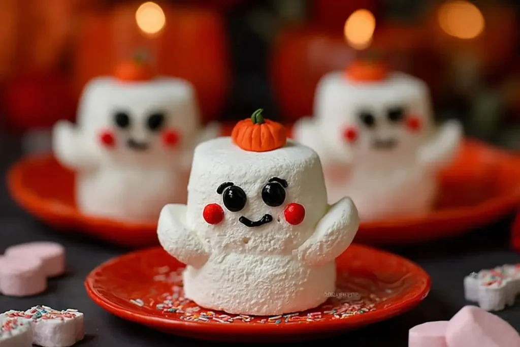 Cute Ghostbusters Stay Puft Marshmallows with pumpkin toppers and smiling faces on orange plates, perfect for a festive Halloween dessert display.
