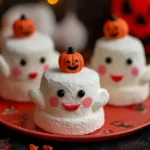Adorable Ghostbusters Stay Puft Marshmallows decorated with smiling faces and mini pumpkin toppers, perfect for a spooky Halloween treat.