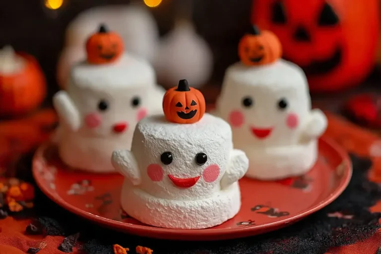 Adorable Ghostbusters Stay Puft Marshmallows decorated with smiling faces and mini pumpkin toppers, perfect for a spooky Halloween treat.
