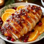 Cranberry Orange Glazed Turkey Breast served on a platter with fresh orange slices, cranberries, and herbs for a festive holiday dinner.