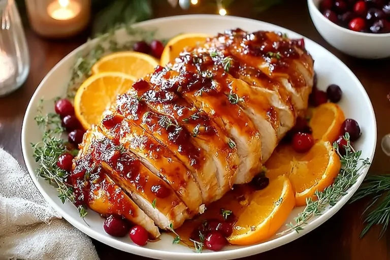 Cranberry Orange Glazed Turkey Breast served on a platter with fresh orange slices, cranberries, and herbs for a festive holiday dinner.