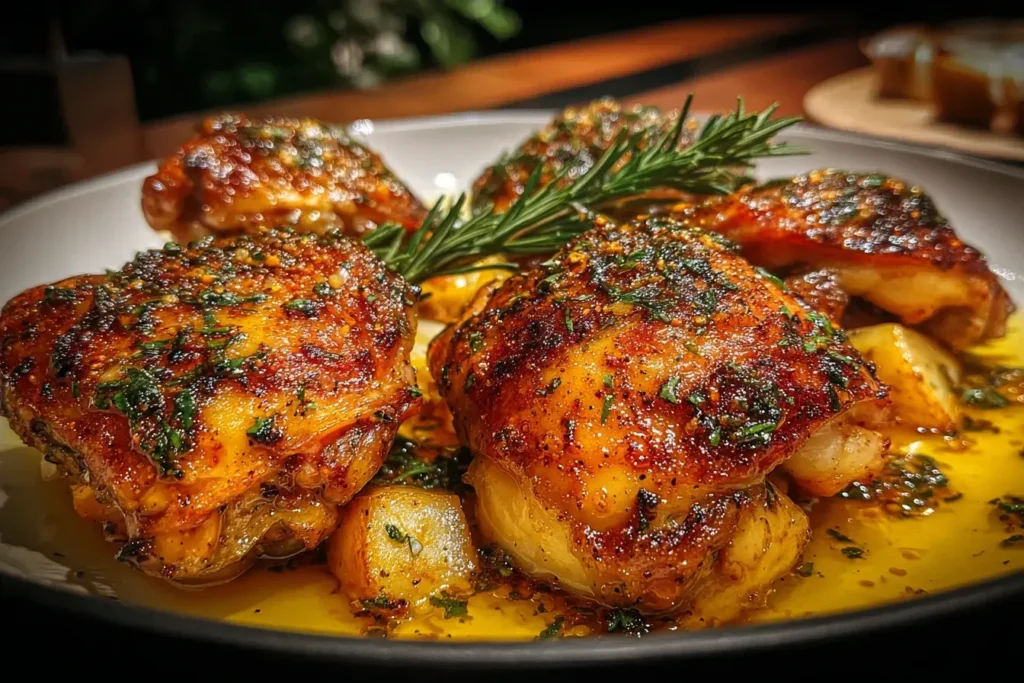: Lemon Paprika Roast Chicken Thighs with crispy skin, garlic-herb rub, roasted potatoes, and lemon butter sauce, garnished with rosemary, close-up on a white plate