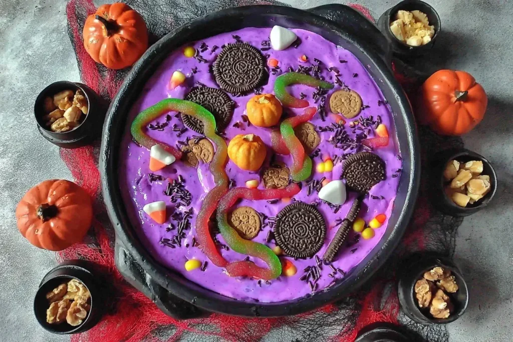 Halloween Dunkaroo Dip in a black cauldron topped with Oreos, gummy worms, candy pumpkins, and sprinkles surrounded by mini pumpkins and cauldrons of nuts.